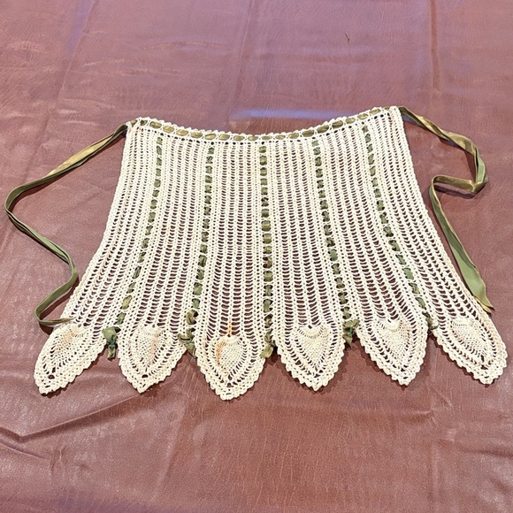 Handmade Other - Vintage Crochet Apron with Green Ribbon Accents